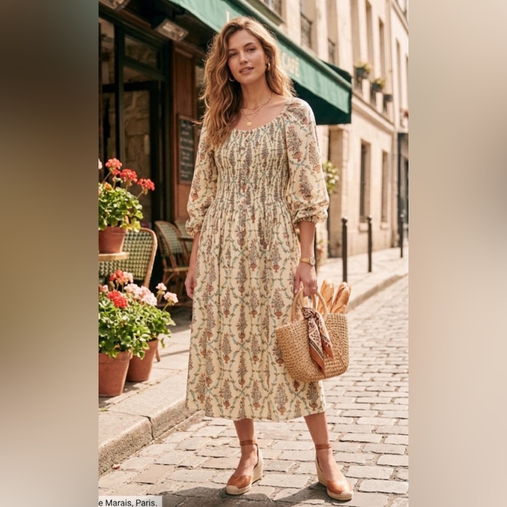NWT Verandah $405 Floral Midi Dress – Parisian Chic Smocked Silhouette. Size S.